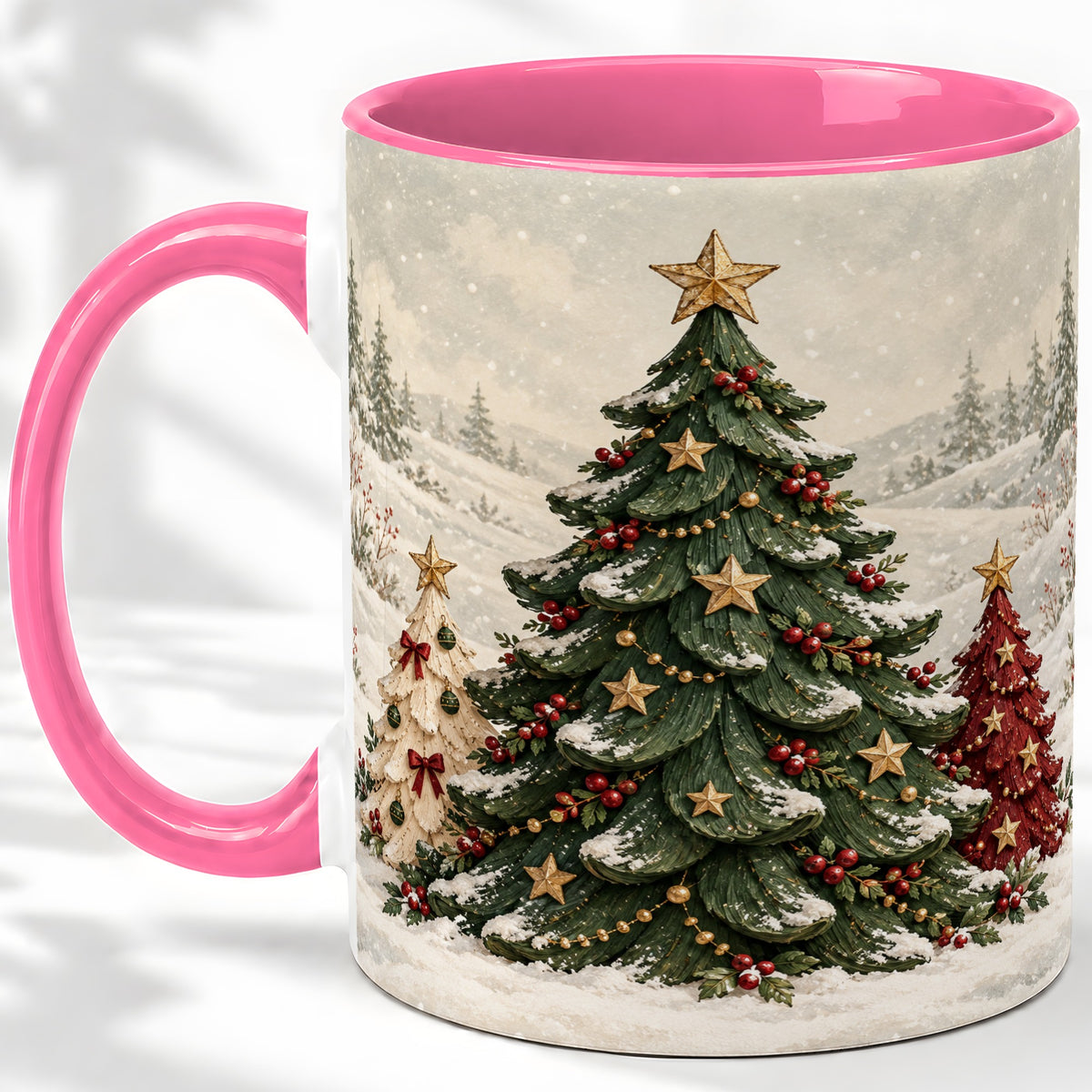 #pl[11oz|Pink] Christmas Tree Trio Accent Ceramic Mug, Snowy Winter Art