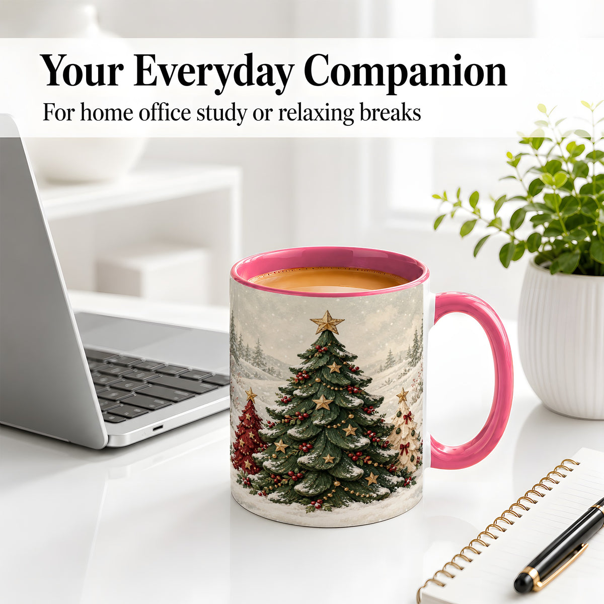 #pl[11oz|Pink] Christmas Tree Trio Accent Ceramic Mug, Snowy Winter Art