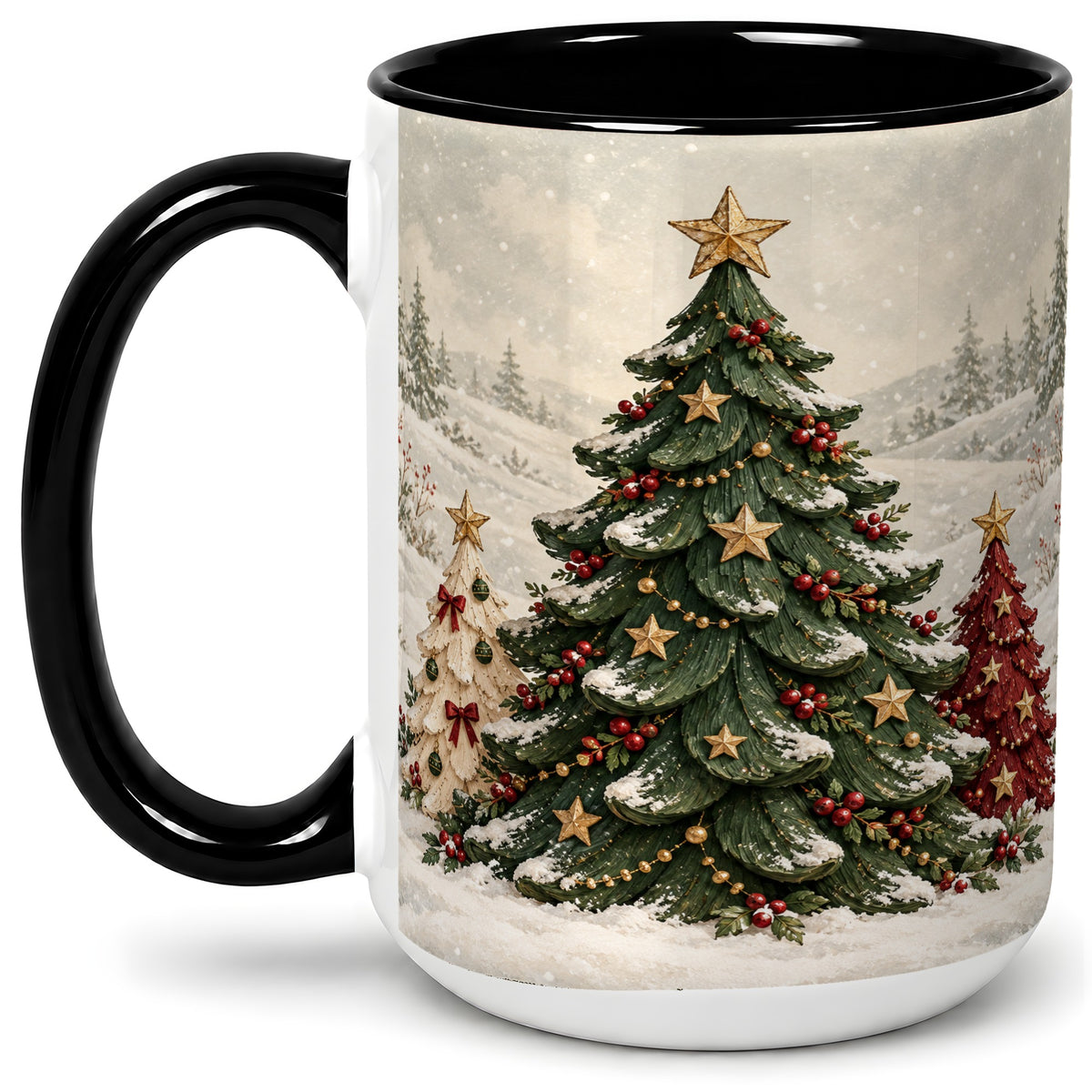 #pl[15oz|Black] Christmas Tree Trio Accent Ceramic Mug, Snowy Winter Art