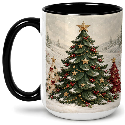 #pl[15oz|Black] Christmas Tree Trio Accent Ceramic Mug, Snowy Winter Art