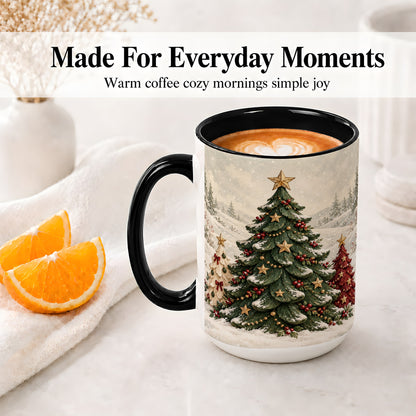 #pl[15oz|Black] Christmas Tree Trio Accent Ceramic Mug, Snowy Winter Art