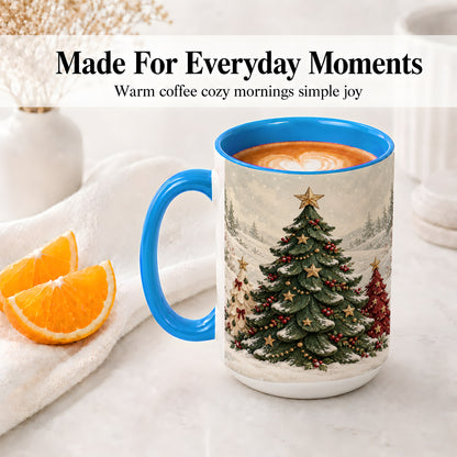 #pl[15oz|Blue] Christmas Tree Trio Accent Ceramic Mug, Snowy Winter Art