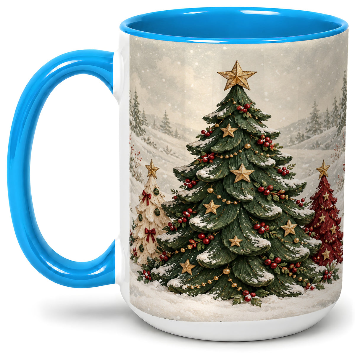#pl[15oz|Blue] Christmas Tree Trio Accent Ceramic Mug, Snowy Winter Art