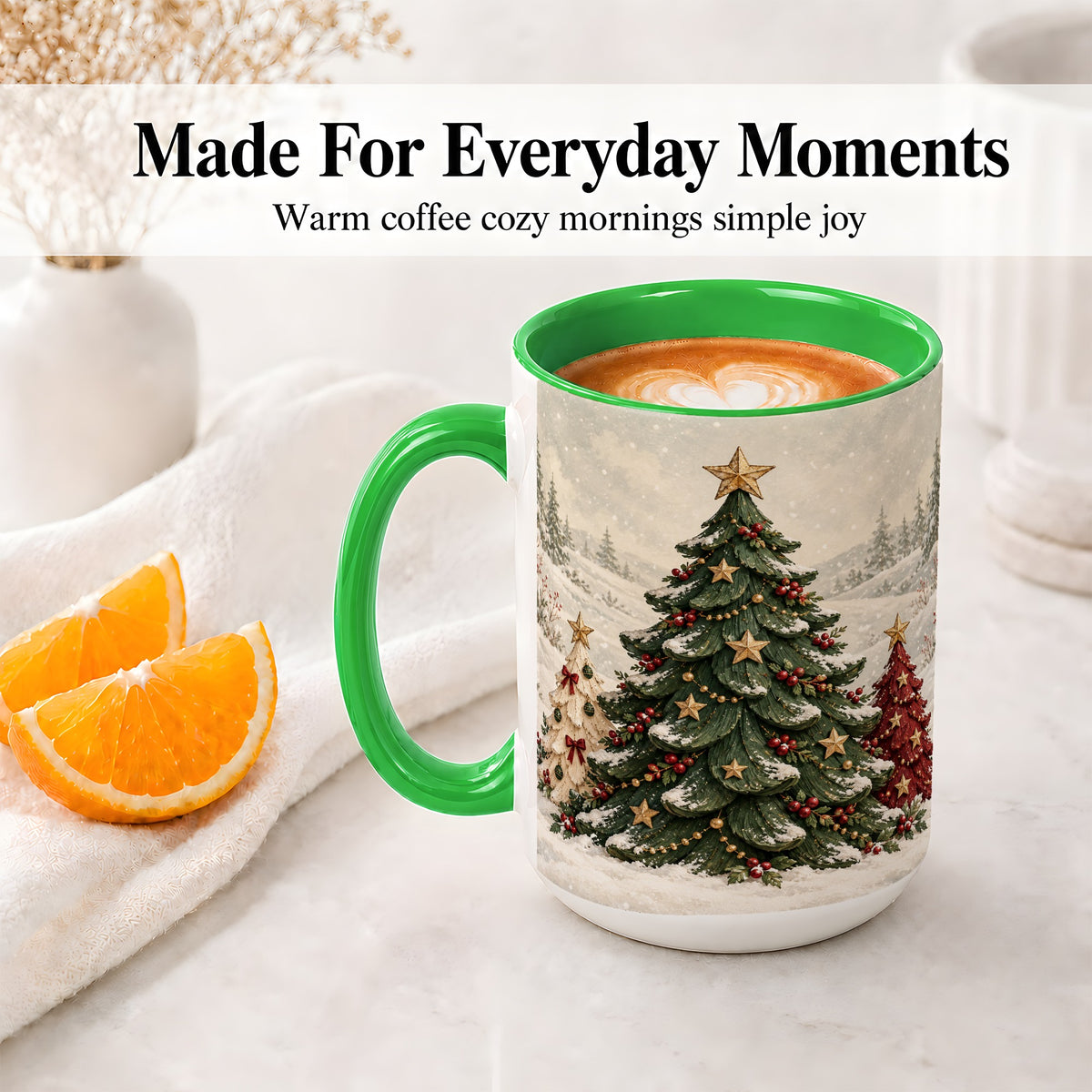 #pl[15oz|Green] Christmas Tree Trio Accent Ceramic Mug, Snowy Winter Art