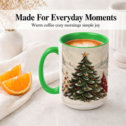 #pl[15oz|Green] Christmas Tree Trio Accent Ceramic Mug, Snowy Winter Art