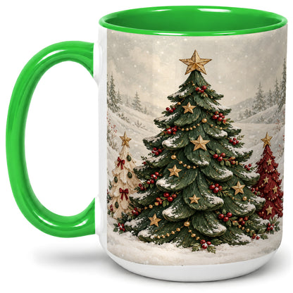 #pl[15oz|Green] Christmas Tree Trio Accent Ceramic Mug, Snowy Winter Art