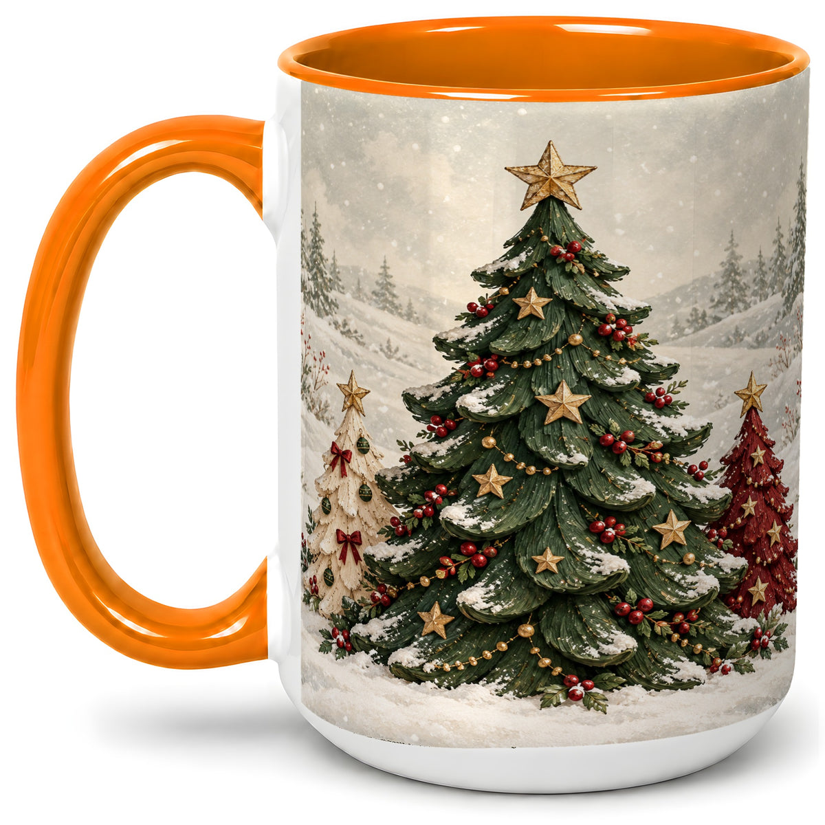 #pl[15oz|Orange] Christmas Tree Trio Accent Ceramic Mug, Snowy Winter Art