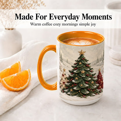 #pl[15oz|Orange] Christmas Tree Trio Accent Ceramic Mug, Snowy Winter Art