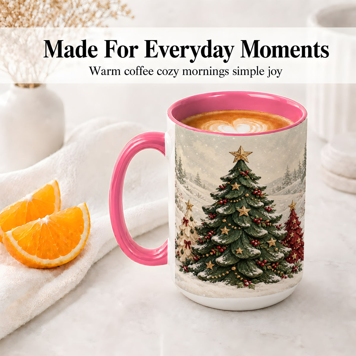 #pl[15oz|Pink] Christmas Tree Trio Accent Ceramic Mug, Snowy Winter Art