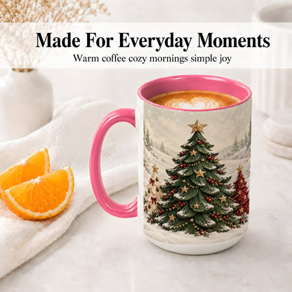 #pl[15oz|Pink] Christmas Tree Trio Accent Ceramic Mug, Snowy Winter Art