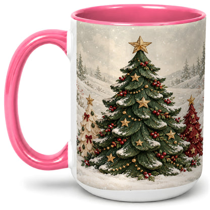 #pl[15oz|Pink] Christmas Tree Trio Accent Ceramic Mug, Snowy Winter Art