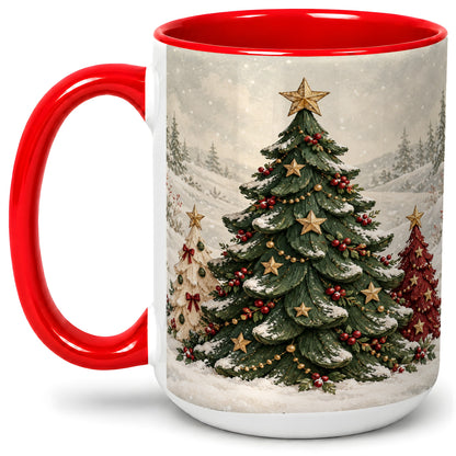 #pl[15oz|Red] Christmas Tree Trio Accent Ceramic Mug, Snowy Winter Art