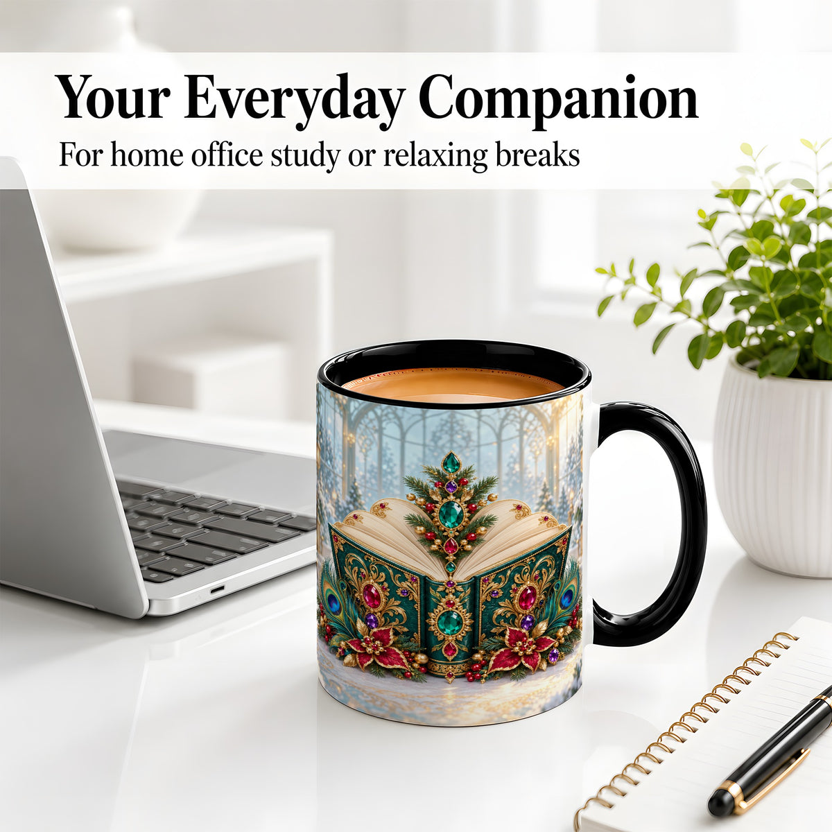 #pl[11oz|Black] Ornate Christmas Book Accent Ceramic Mug, Peacock Feather Art