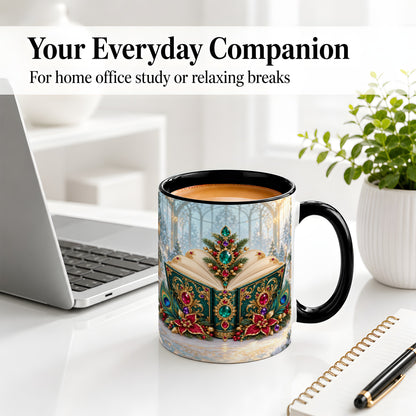 #pl[11oz|Black] Ornate Christmas Book Accent Ceramic Mug, Peacock Feather Art