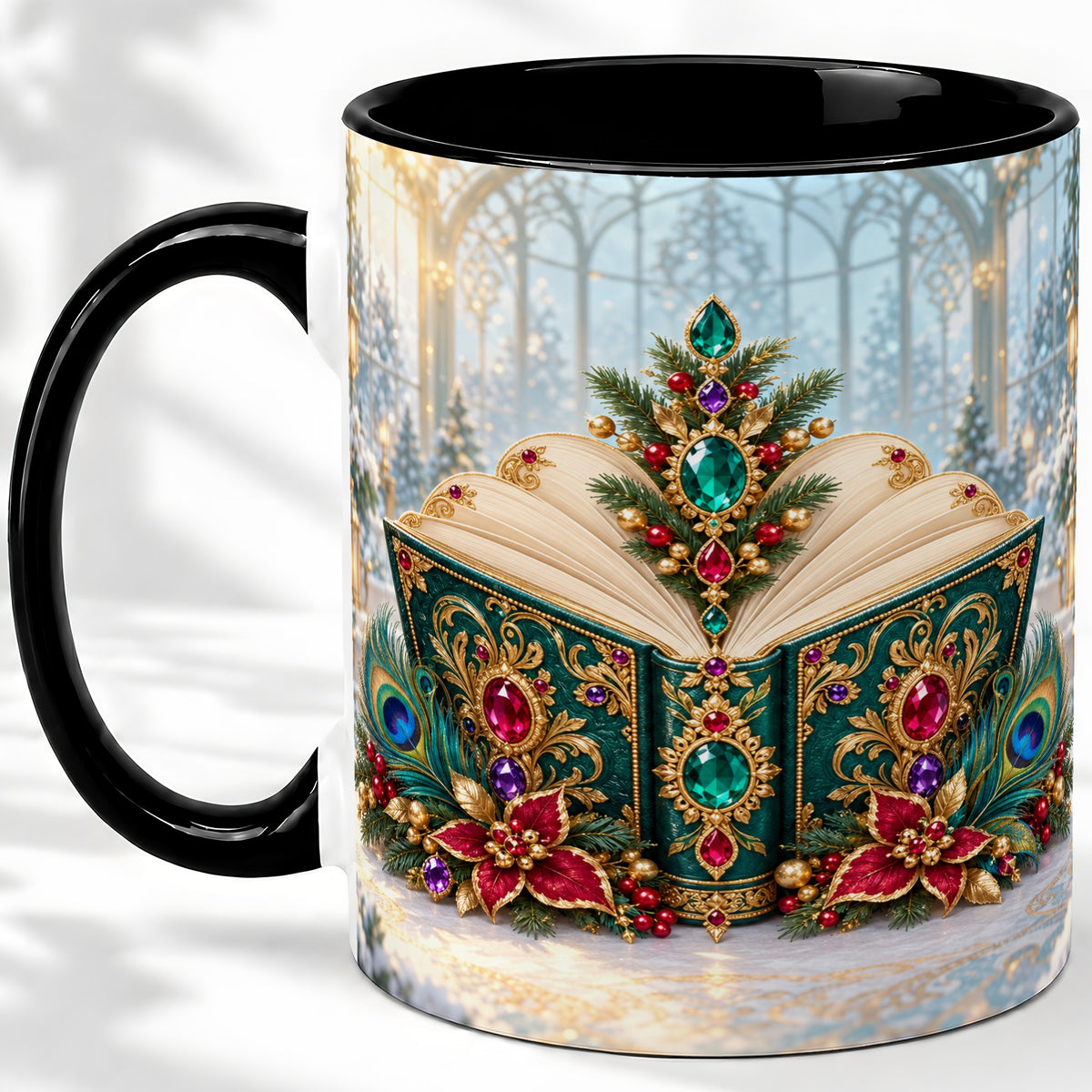 #pl[11oz|Black] Ornate Christmas Book Accent Ceramic Mug, Peacock Feather Art