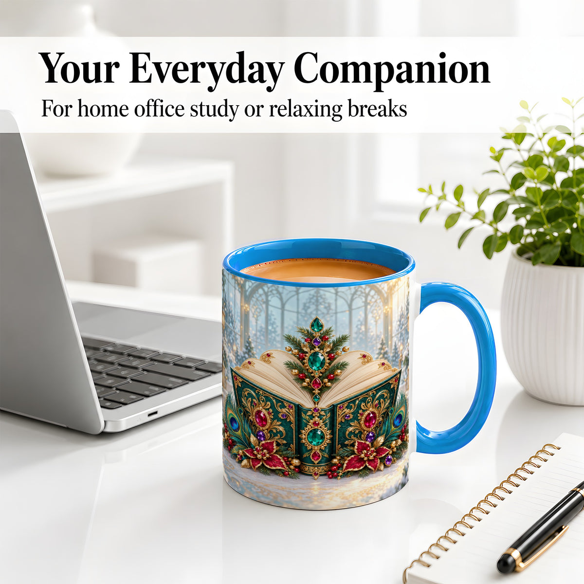 #pl[11oz|Blue] Ornate Christmas Book Accent Ceramic Mug, Peacock Feather Art