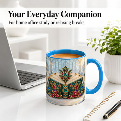 #pl[11oz|Blue] Ornate Christmas Book Accent Ceramic Mug, Peacock Feather Art