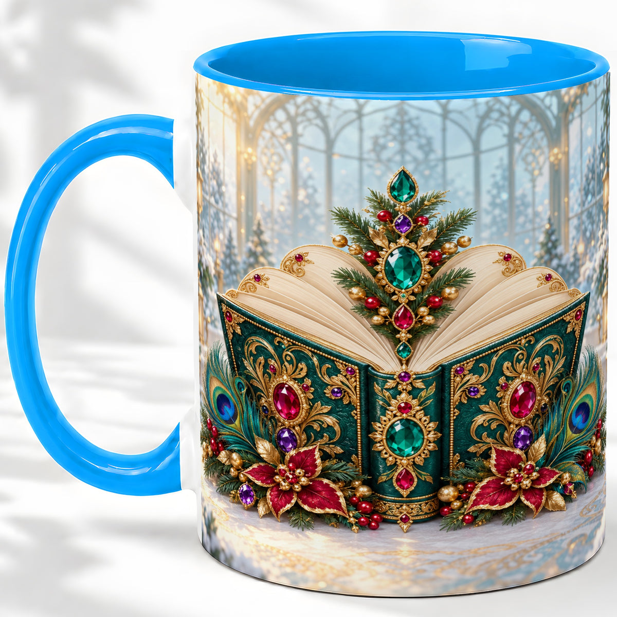 #pl[11oz|Blue] Ornate Christmas Book Accent Ceramic Mug, Peacock Feather Art