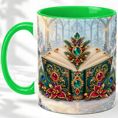 #pl[11oz|Green] Ornate Christmas Book Accent Ceramic Mug, Peacock Feather Art