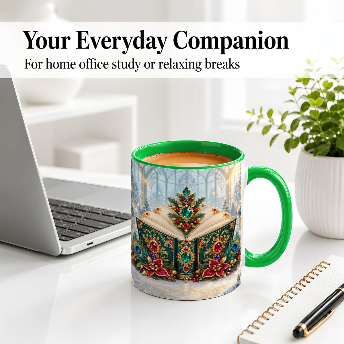 #pl[11oz|Green] Ornate Christmas Book Accent Ceramic Mug, Peacock Feather Art