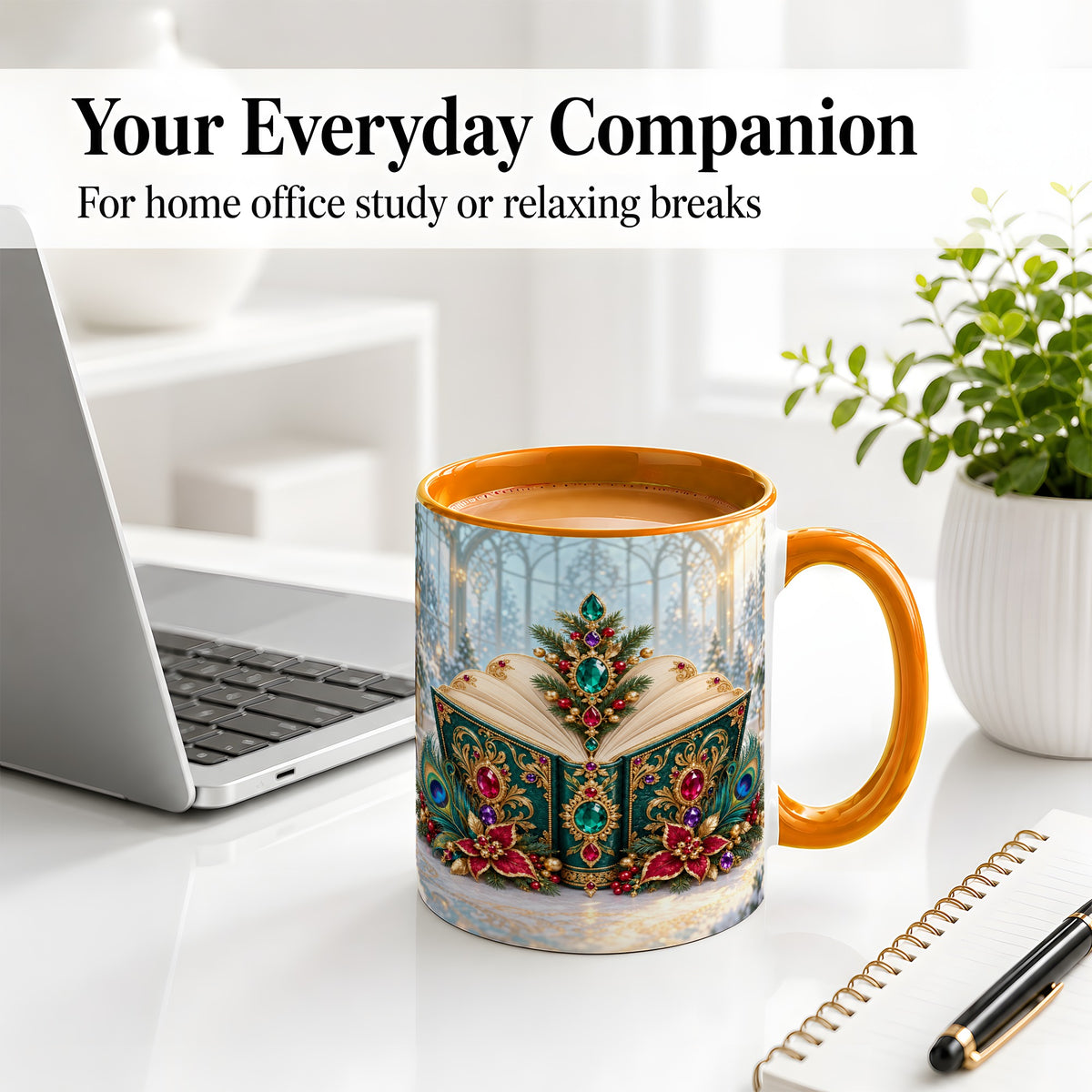 #pl[11oz|Orange] Ornate Christmas Book Accent Ceramic Mug, Peacock Feather Art