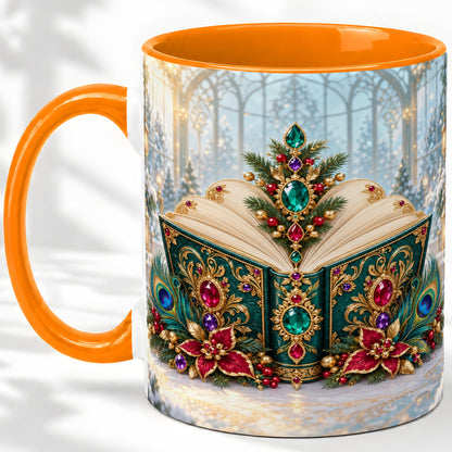 #pl[11oz|Orange] Ornate Christmas Book Accent Ceramic Mug, Peacock Feather Art