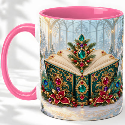 #pl[11oz|Pink] Ornate Christmas Book Accent Ceramic Mug, Peacock Feather Art