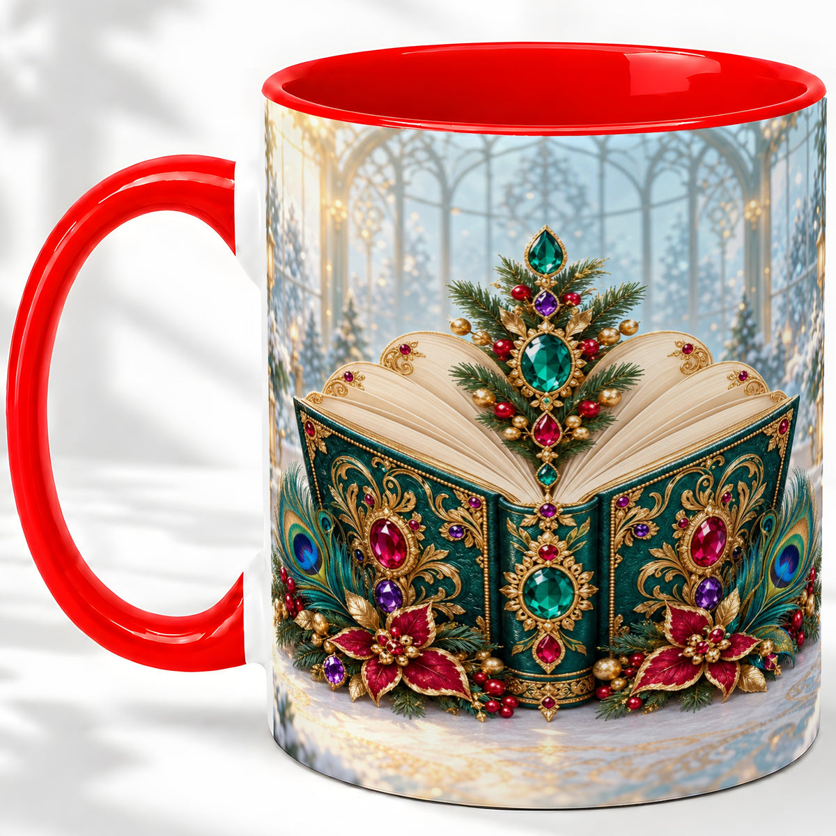 Ornate Christmas Book Accent Ceramic Mug, Peacock Feather Art