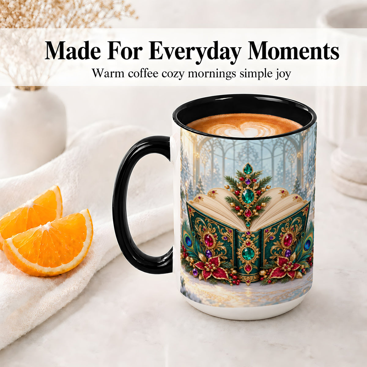 #pl[15oz|Black] Ornate Christmas Book Accent Ceramic Mug, Peacock Feather Art