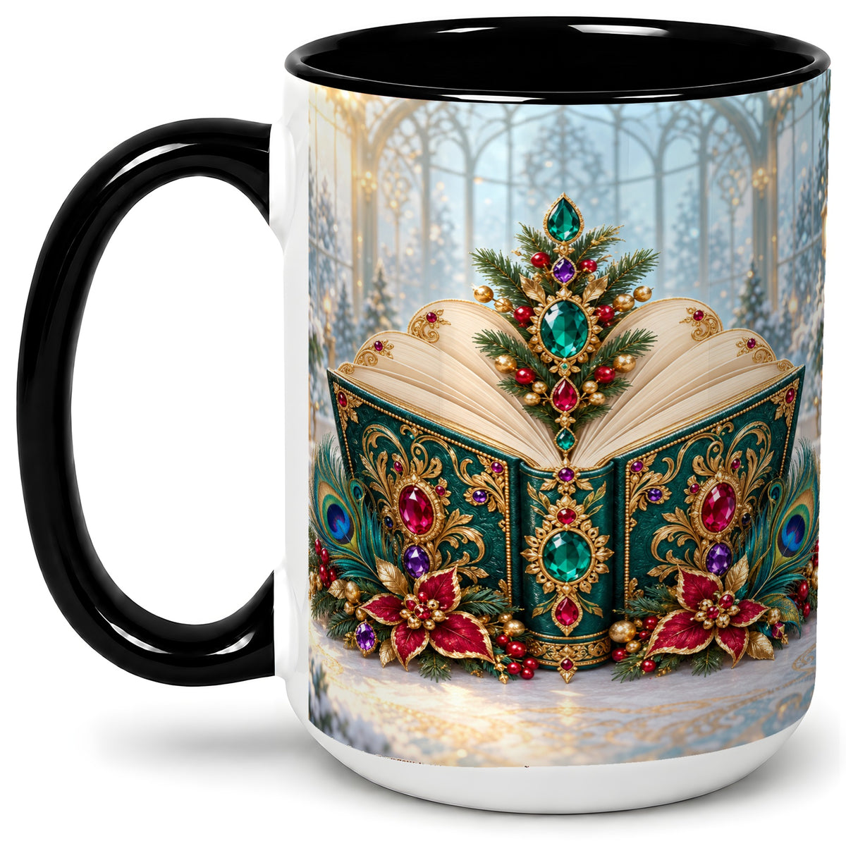 #pl[15oz|Black] Ornate Christmas Book Accent Ceramic Mug, Peacock Feather Art