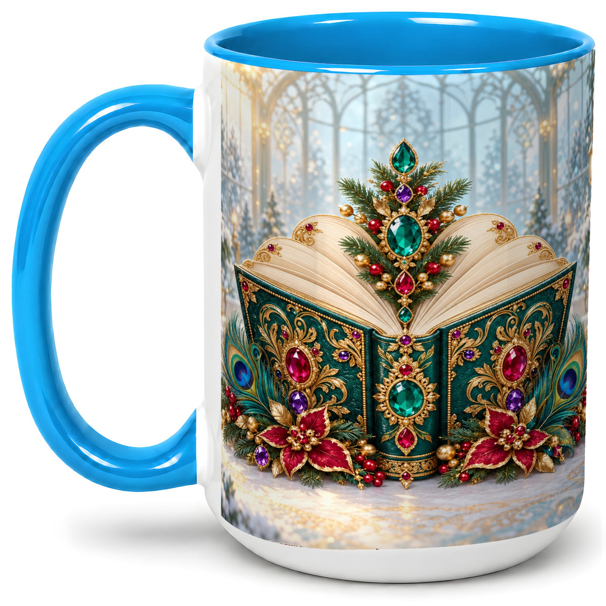 #pl[15oz|Blue] Ornate Christmas Book Accent Ceramic Mug, Peacock Feather Art