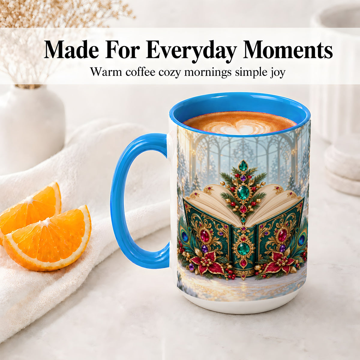#pl[15oz|Blue] Ornate Christmas Book Accent Ceramic Mug, Peacock Feather Art