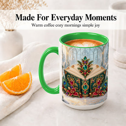 #pl[15oz|Green] Ornate Christmas Book Accent Ceramic Mug, Peacock Feather Art
