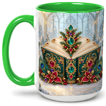 #pl[15oz|Green] Ornate Christmas Book Accent Ceramic Mug, Peacock Feather Art
