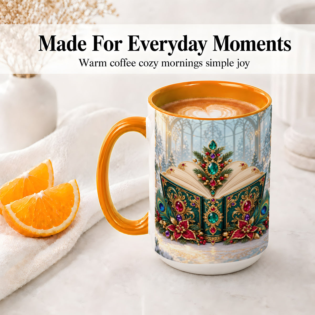 #pl[15oz|Orange] Ornate Christmas Book Accent Ceramic Mug, Peacock Feather Art