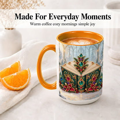 #pl[15oz|Orange] Ornate Christmas Book Accent Ceramic Mug, Peacock Feather Art
