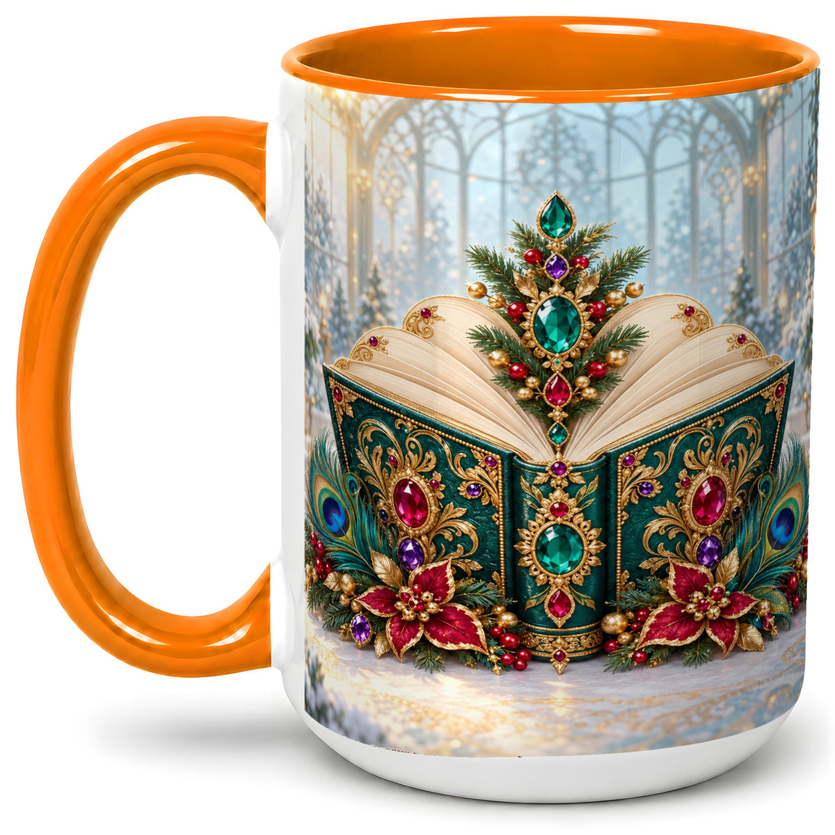#pl[15oz|Orange] Ornate Christmas Book Accent Ceramic Mug, Peacock Feather Art