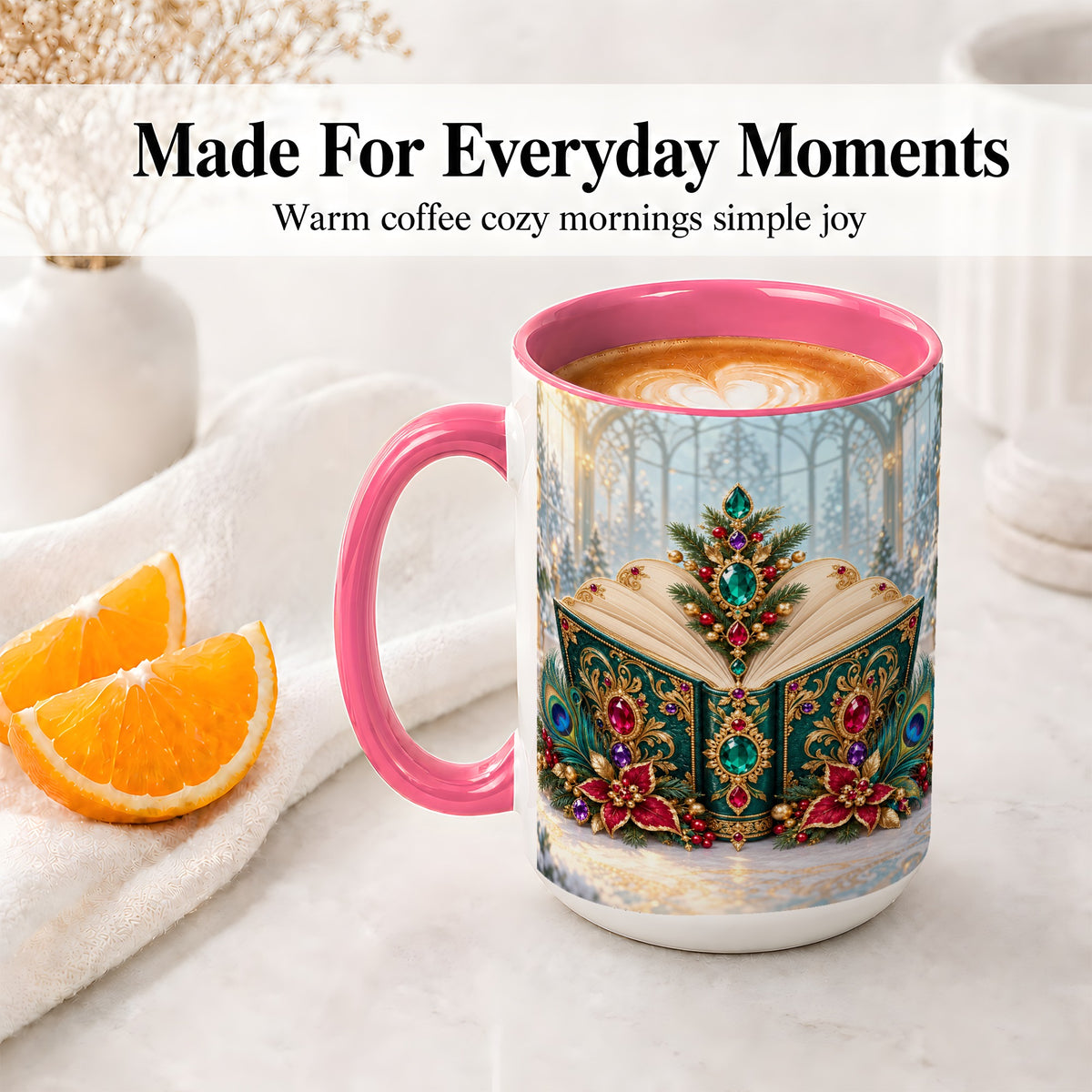 #pl[15oz|Pink] Ornate Christmas Book Accent Ceramic Mug, Peacock Feather Art