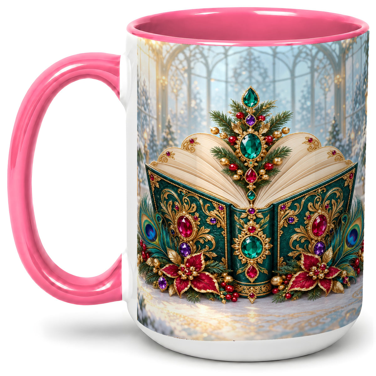 #pl[15oz|Pink] Ornate Christmas Book Accent Ceramic Mug, Peacock Feather Art