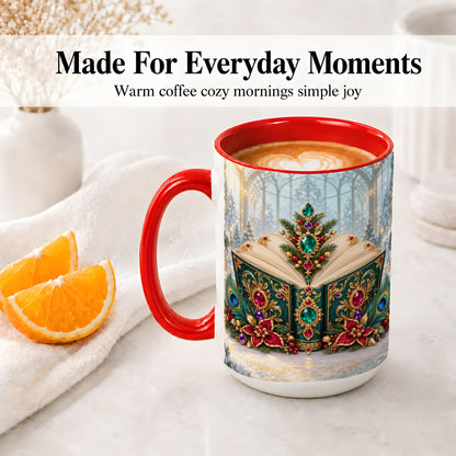 #pl[15oz|Red] Ornate Christmas Book Accent Ceramic Mug, Peacock Feather Art