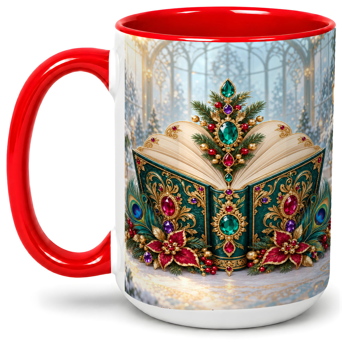 #pl[15oz|Red] Ornate Christmas Book Accent Ceramic Mug, Peacock Feather Art