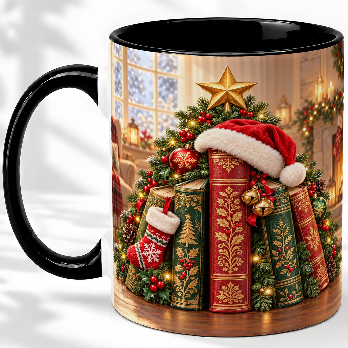 #pl[11oz|Black] Christmas Books Accent Ceramic Mug, Santa Hat Tree Scene