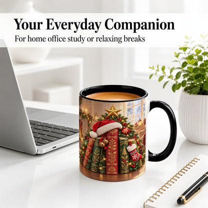 #pl[11oz|Black] Christmas Books Accent Ceramic Mug, Santa Hat Tree Scene