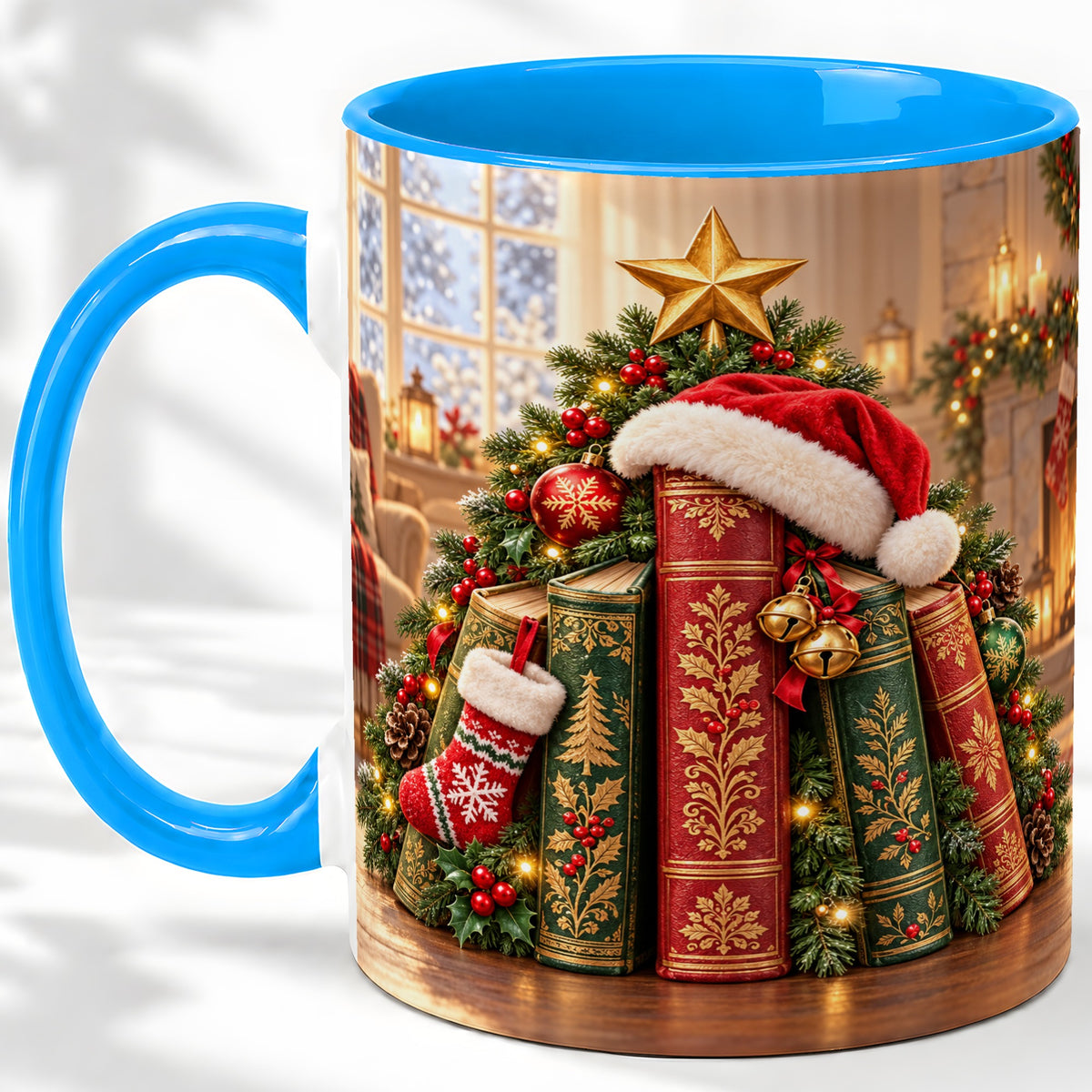 #pl[11oz|Blue] Christmas Books Accent Ceramic Mug, Santa Hat Tree Scene