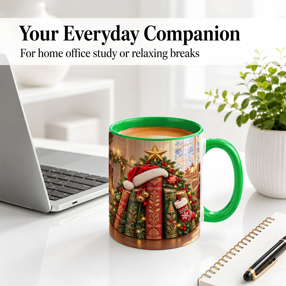 #pl[11oz|Green] Christmas Books Accent Ceramic Mug, Santa Hat Tree Scene