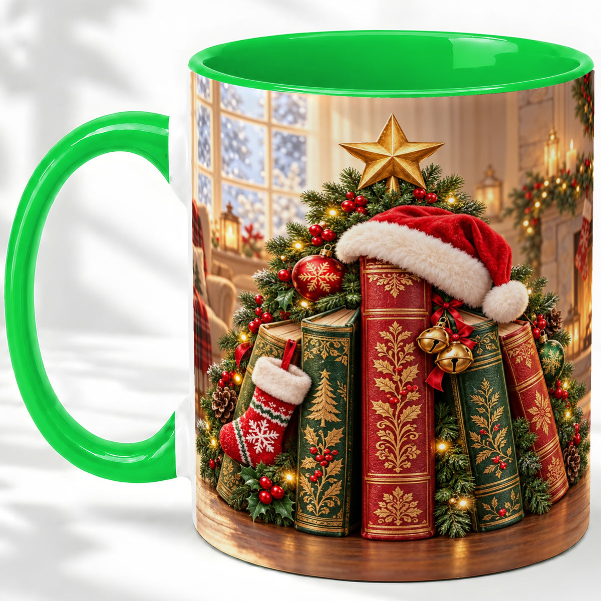 #pl[11oz|Green] Christmas Books Accent Ceramic Mug, Santa Hat Tree Scene