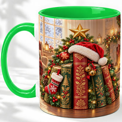 #pl[11oz|Green] Christmas Books Accent Ceramic Mug, Santa Hat Tree Scene