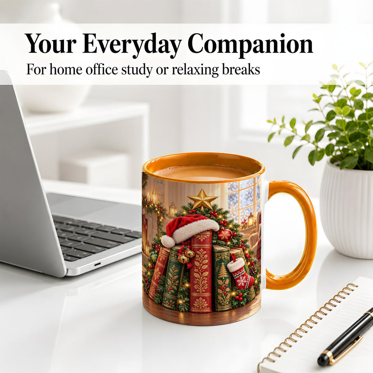 #pl[11oz|Orange] Christmas Books Accent Ceramic Mug, Santa Hat Tree Scene