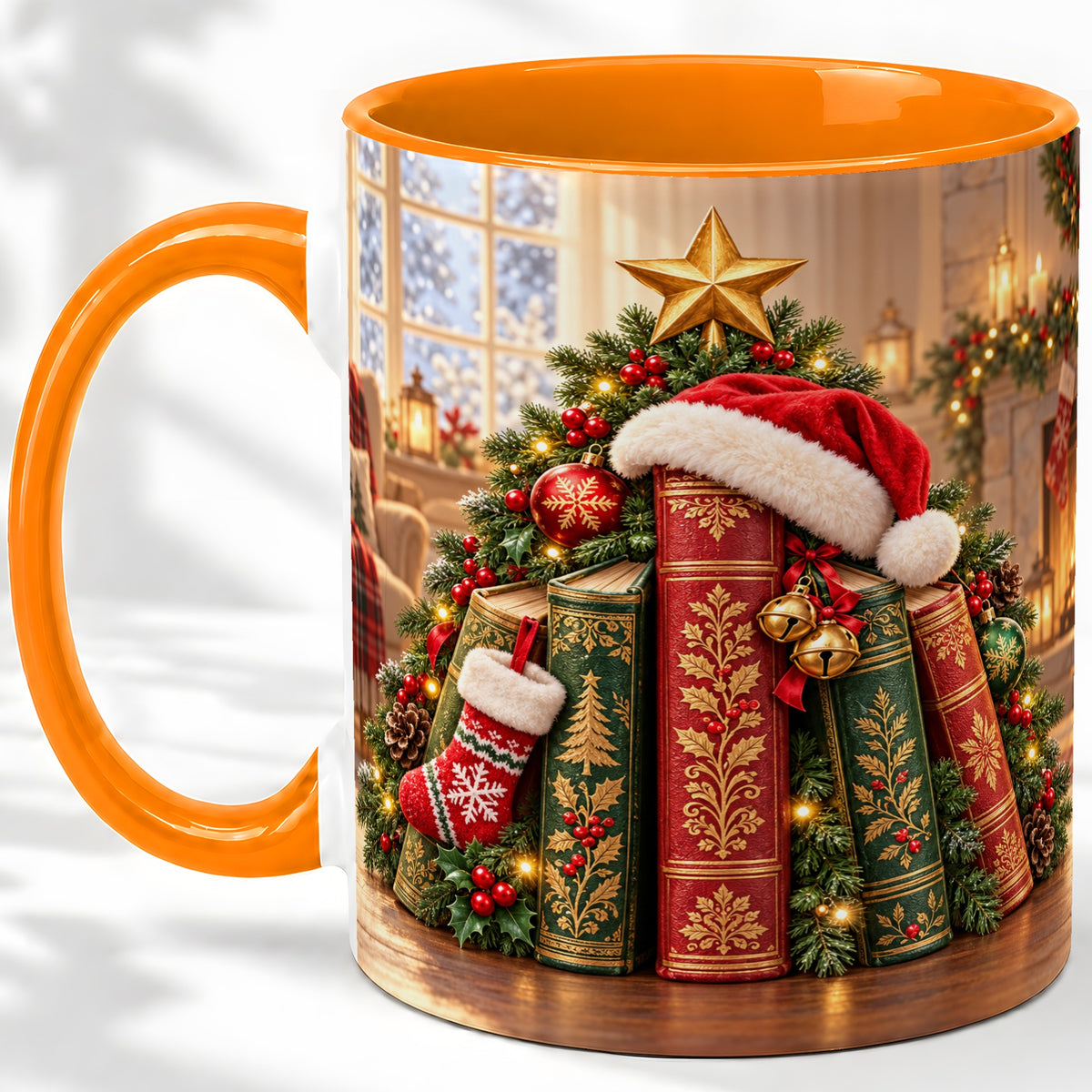 #pl[11oz|Orange] Christmas Books Accent Ceramic Mug, Santa Hat Tree Scene