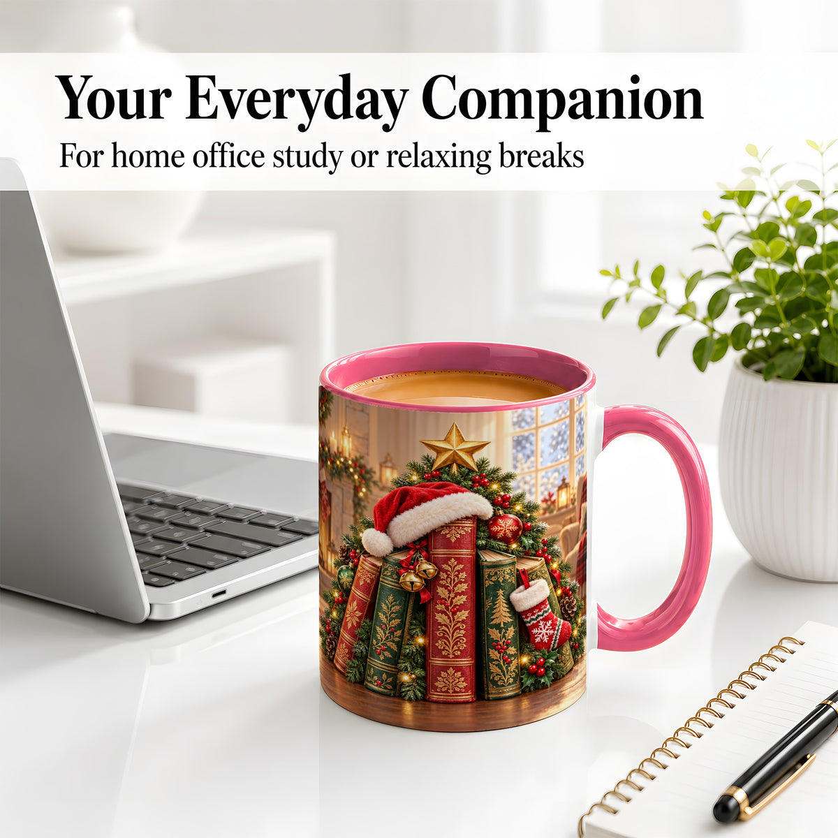 #pl[11oz|Pink] Christmas Books Accent Ceramic Mug, Santa Hat Tree Scene